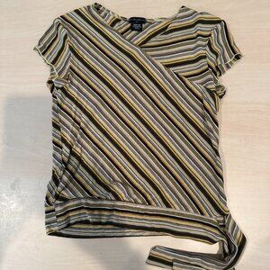 Fang Green, Yellow & White Diagonal Stripped Short Sleeve Top w/ Tie Size XSmall